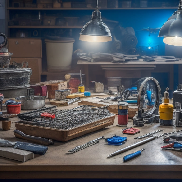 A cluttered but organized workbench with various tools and automotive electrical components, surrounded by open manuals and diagrams, with a magnifying glass and a pair of gloves in the center.