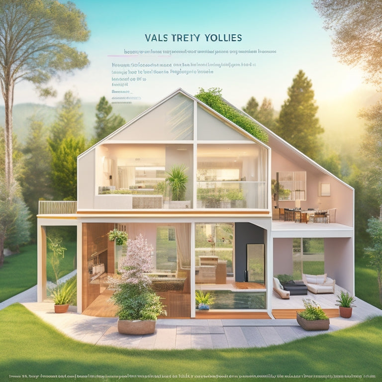 An illustration of a modern, eco-friendly home with various zones highlighted in soft, pastel colors, showcasing energy-efficient HVAC systems and greenery surrounding the house, with subtle sunbeams filtering through the windows.