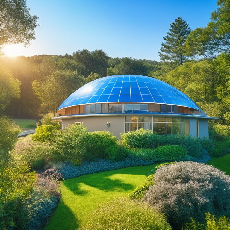 A modern, eco-friendly home with a rooftop garden, solar panels, and a curved, translucent roof allowing natural light to filter in, surrounded by lush greenery and a bright blue sky.