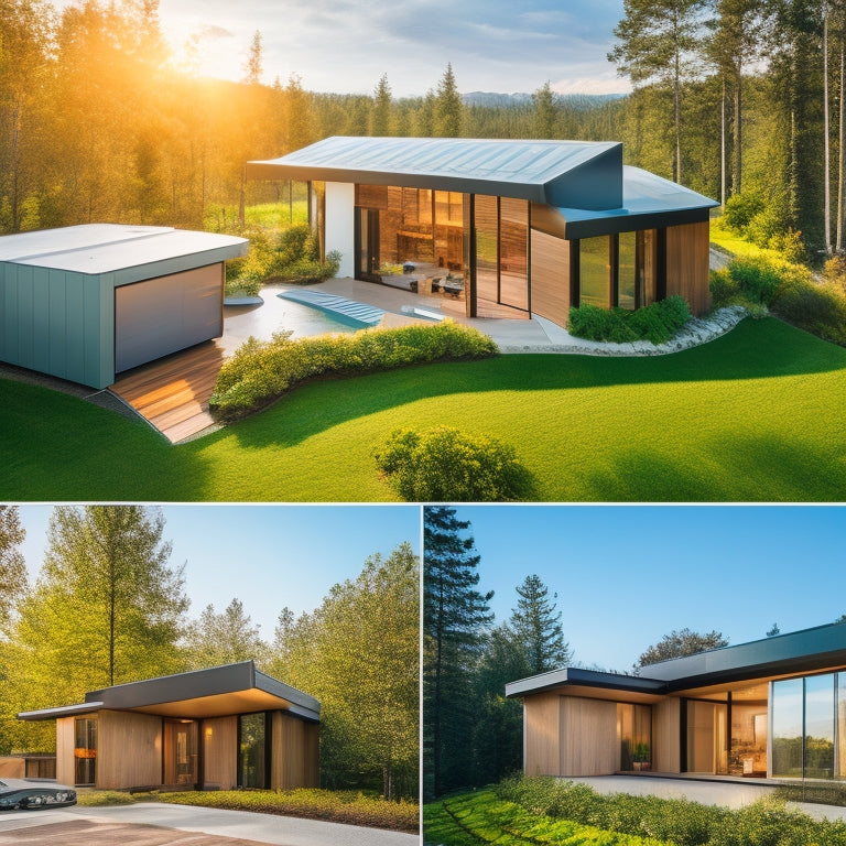 A futuristic, modern net-zero home with sleek, angular lines, surrounded by lush greenery, showcasing exposed insulation materials, such as fiberglass batts, radiant barrier foil, and spray foam, in a seamless integration.