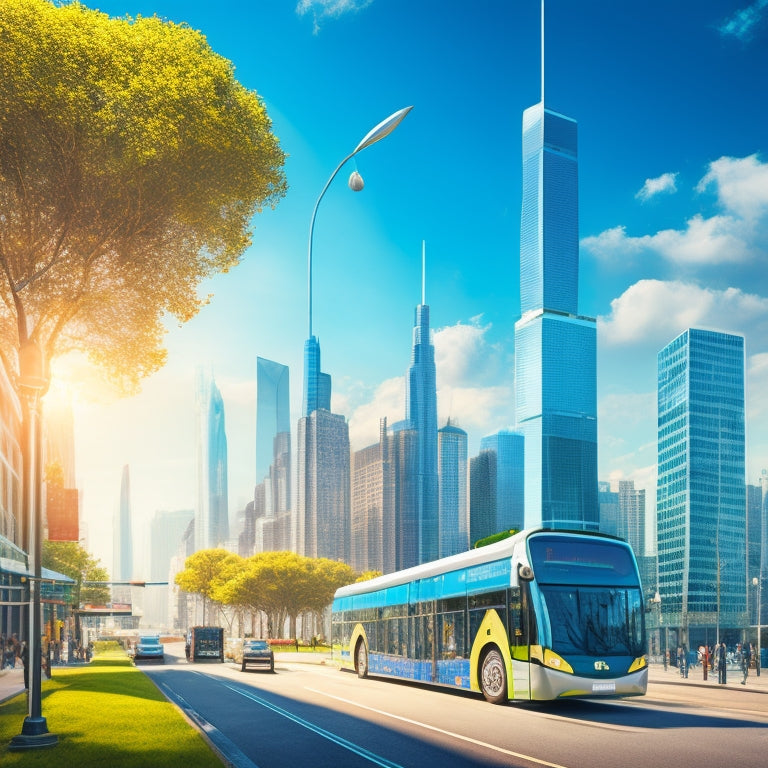 A stylized illustration of a cityscape with sleek, electric buses and green-topped buildings, surrounded by swirling wind patterns and leaves, amidst a bright blue sky with few, puffy clouds.