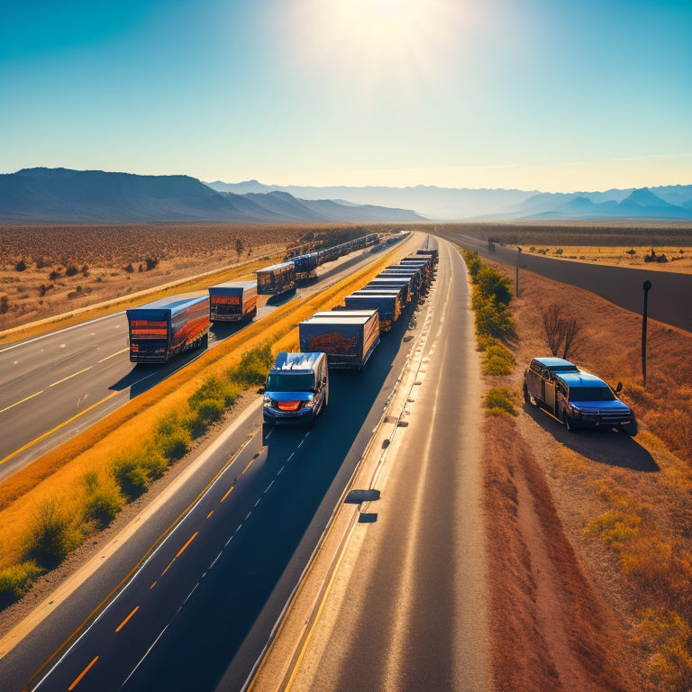 A sunny highway with a convoy of semi-trucks, vans, and buses, each equipped with sleek, black solar panels on their rooftops, driving towards a bright, cloudless sky.