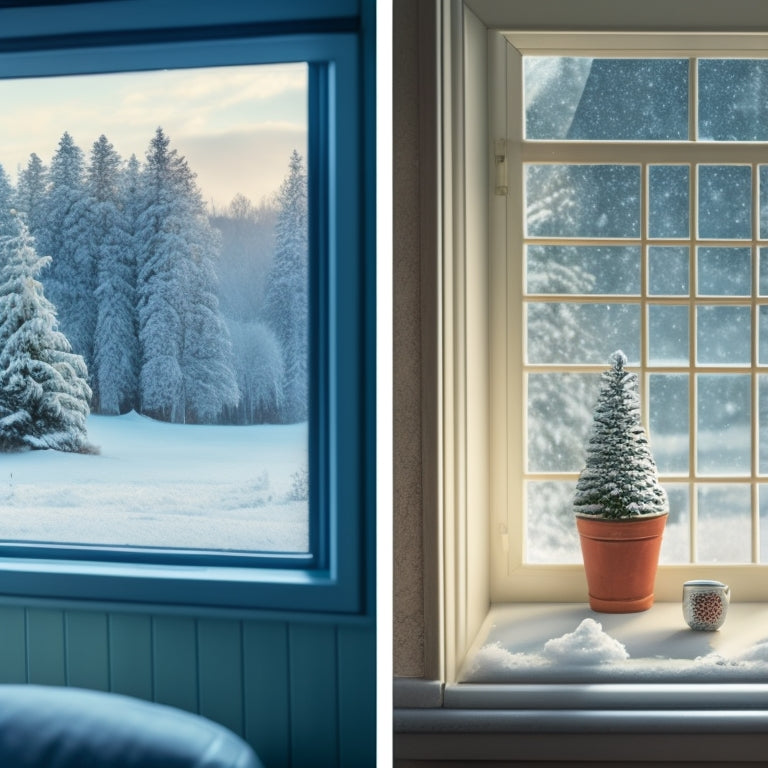 A split-screen image: a poorly insulated, old, single-pane window with condensation and frost, versus a modern, triple-pane window with a warm, cozy interior and a snowy winter landscape outside.