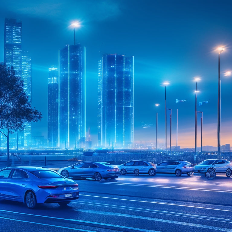 A stylized illustration of a cityscape at dusk, featuring multiple electric vehicles parked at charging stations with glowing blue lines and circuits connecting them to a network of tall, sleek charging pillars.