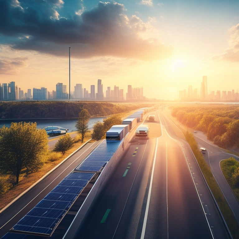 A futuristic, sun-lit highway with sleek, solar-panel-roofed trucks and vans zooming by, surrounded by cityscapes and greenery, with shimmering solar panels reflecting blue skies.