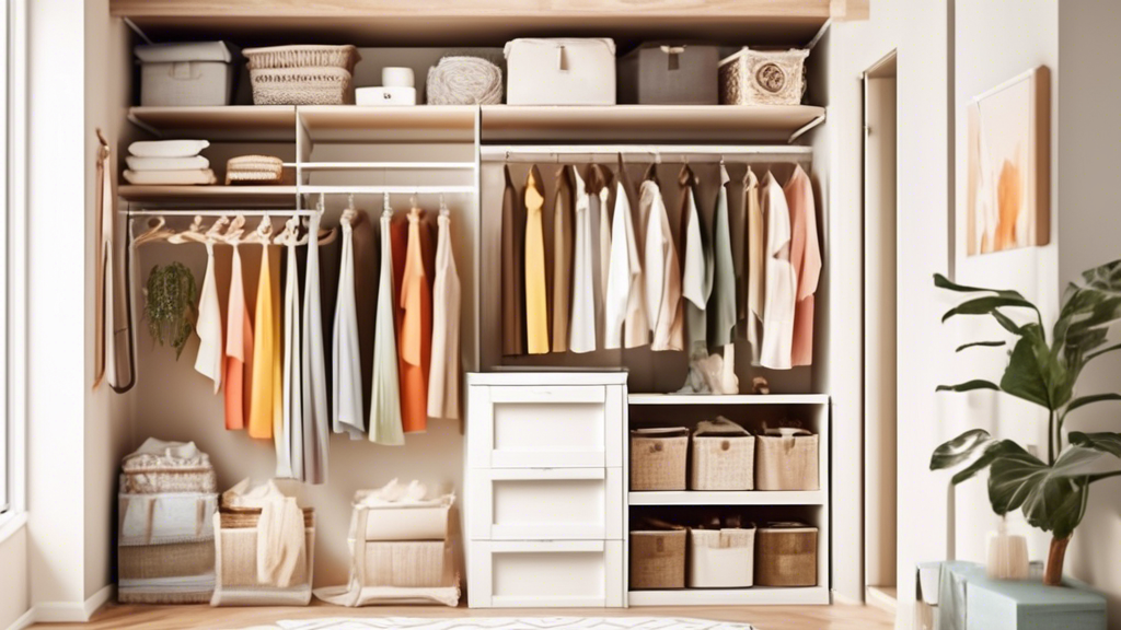 An organized closet with a budget-friendly solution, featuring stackable bins, hanging shelves, and a rod for hanging clothes. The closet is bright and airy, with natural light streaming in from a win