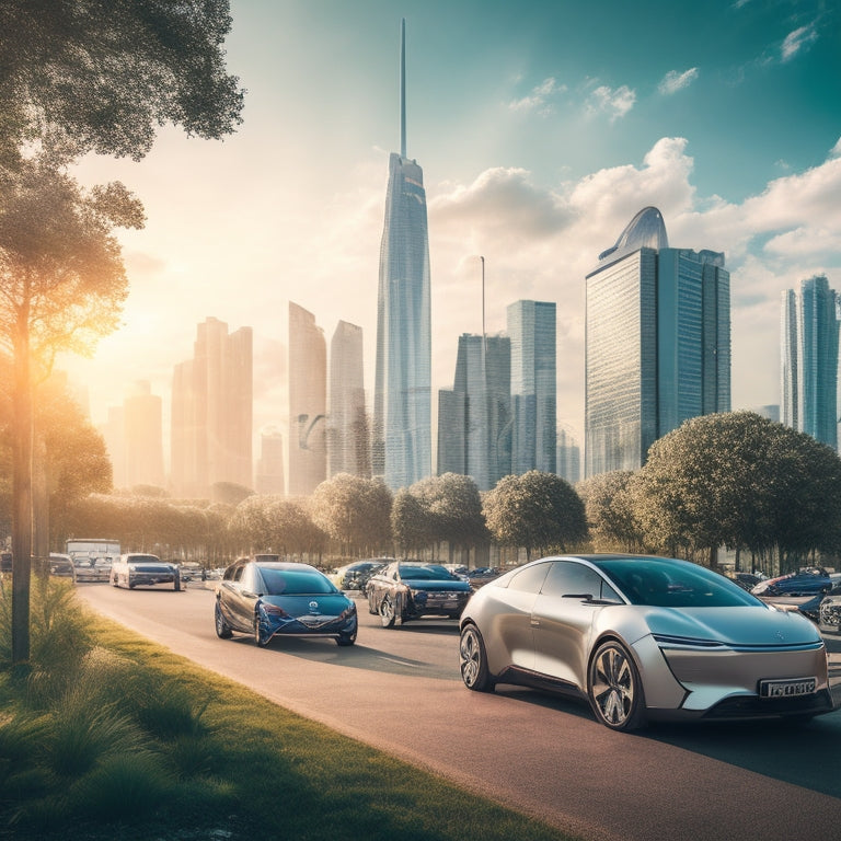 A futuristic cityscape with sleek, electric vehicles of various models parked in front of a modern, eco-friendly skyscraper, surrounded by lush greenery and a bright, sunny sky.