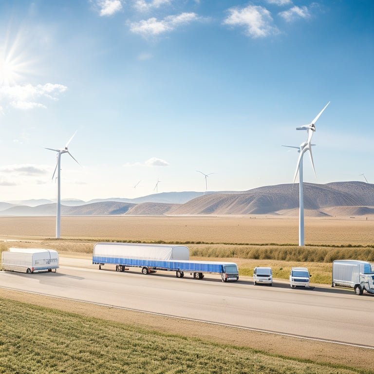 A serene landscape featuring a fleet of electric trucks and vans parked in front of a sprawling wind farm, with a few solar panels in the background, under a bright blue sky with fluffy white clouds.