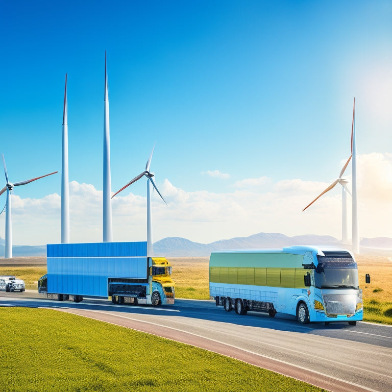 An illustration of a fleet of trucks and buses surrounded by wind turbines, solar panels, and greenery, with bright blue skies and a subtle glow effect representing renewable energy.