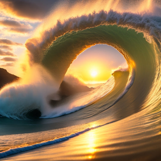 A dramatic, sun-kissed ocean wave crashes against the shore, with a sleek, high-tech jet board slicing through the surf, leaving a trail of frothy whitewater behind, as a lone rider stands tall, arms outstretched in triumph.