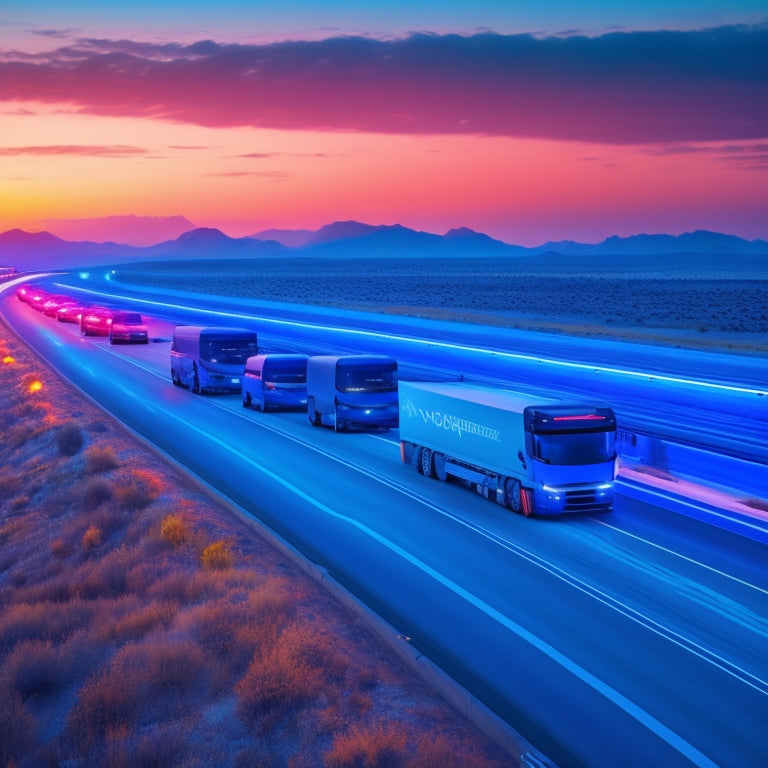 A futuristic highway scene at sunset, featuring a convoy of sleek, electric trucks and SUVs in various colors, with sleek lines, glowing blue accents, and wheels with a subtle glow.