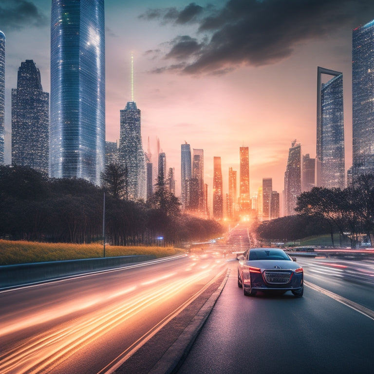 A futuristic cityscape at dusk with sleek, silver electric cars zooming by, their LED headlights illuminating the darkening sky, amidst neon-lit skyscrapers and lush greenery.