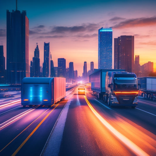 A futuristic highway scene at dusk with sleek, aerodynamic electric trucks in various colors, speeding by with blurred motion lines, amidst a cityscape with neon lights and towering skyscrapers.