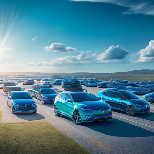 A stylized illustration of a fleet of electric vehicles, with each car's roof adorned with sleek, black solar panels, set against a bright blue, cloudless sky with a subtle gradient of green.