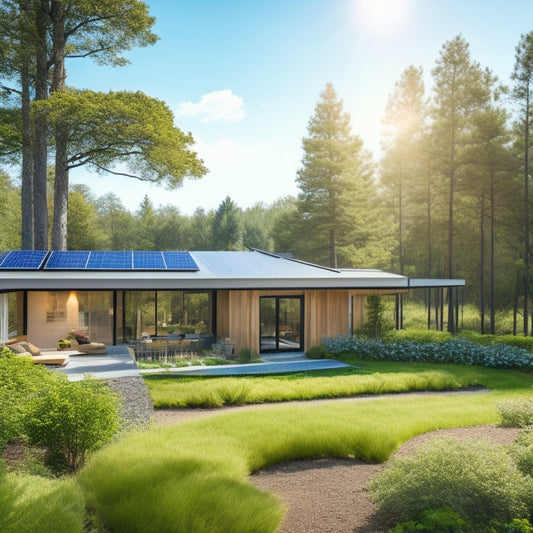 A serene, modern, eco-friendly home with a lush green roof, solar panels, and a rainwater harvesting system, surrounded by vibrant trees and a garden, on a sunny day with a bright blue sky.