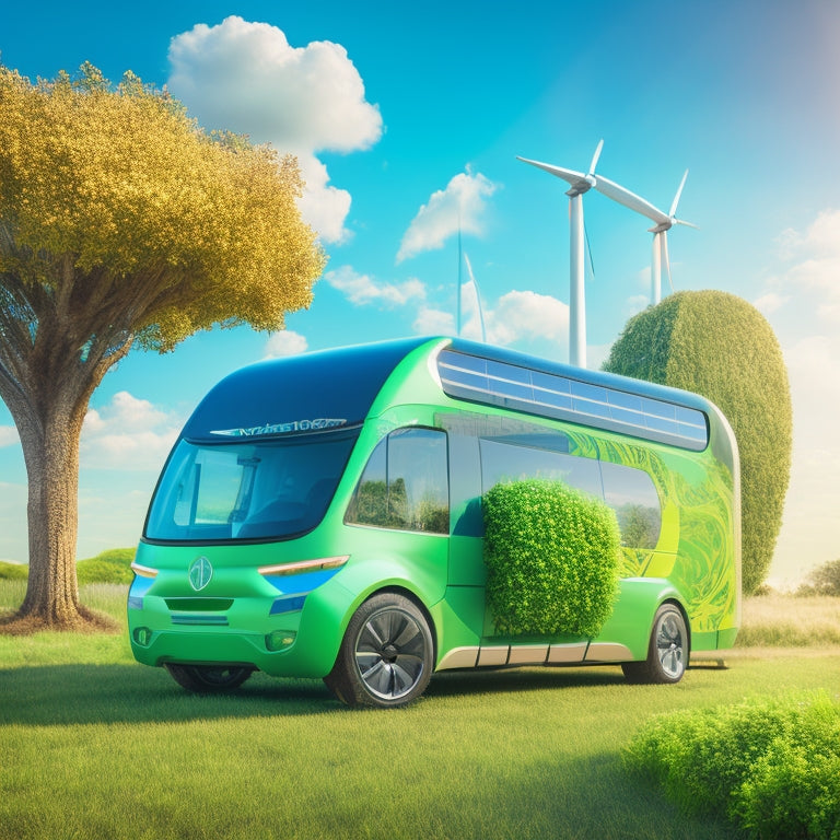 A stylized illustration of a futuristic, eco-friendly fleet vehicle, such as an electric truck or van, surrounded by swirling green leaves and vines, with wind turbines and solar panels in the background.