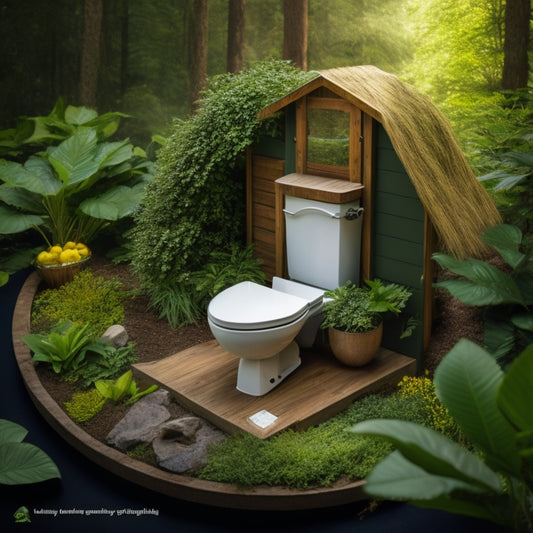 An illustration of a composting toilet system amidst lush greenery, with a subtle background of a sustainable home, featuring a 3D model of the toilet's interior mechanism and a faint outline of a downloadable blueprint.