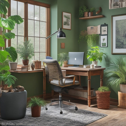 A warm and inviting home office with a desk, ergonomic chair, and potted plants, surrounded by insulation materials like foam boards, fiberglass, and radiant barrier, with a subtle green glow.