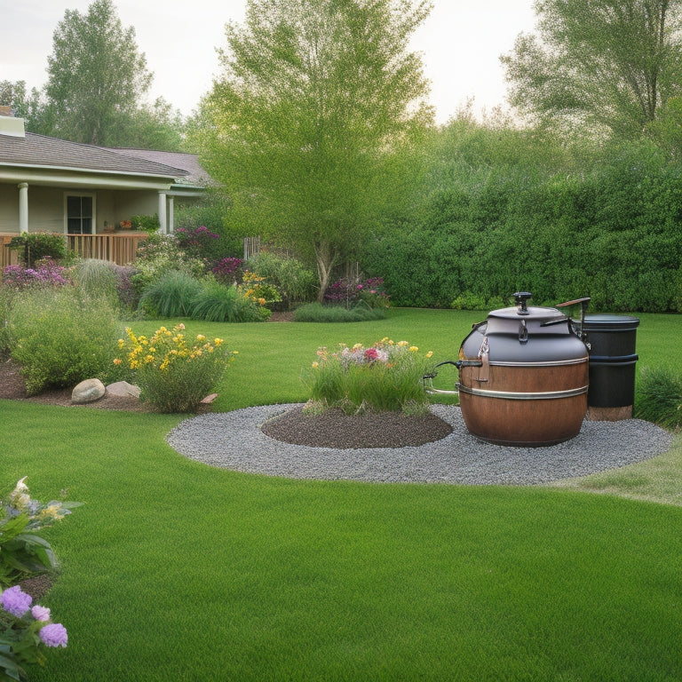 A serene backyard scene with a lush green lawn, a few flowers, and a small greywater recycling system in the corner, featuring a barrel, pipes, and a subtle drip irrigation network.