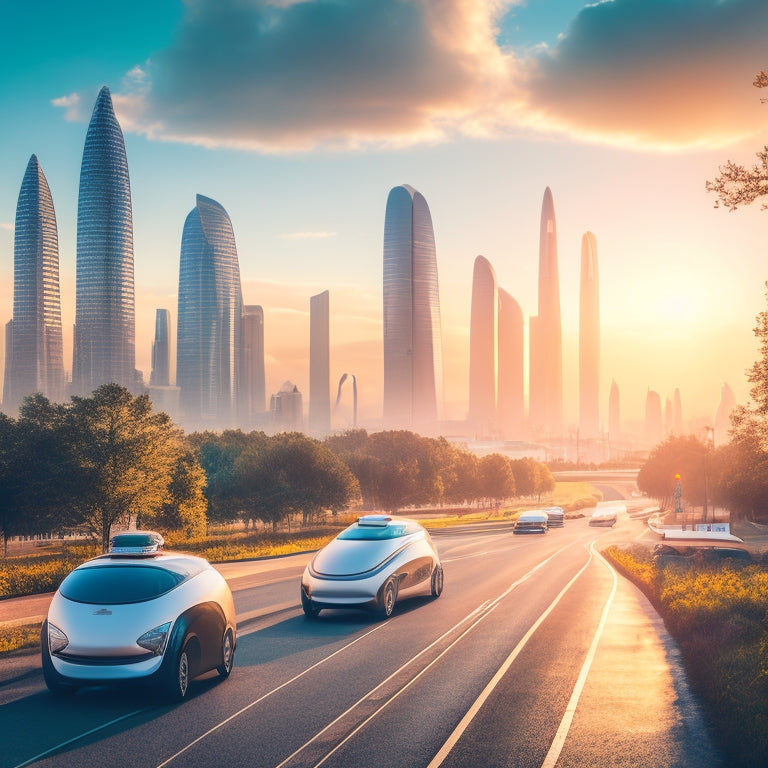 A futuristic cityscape at sunset with sleek, silver electric vehicles replacing traditional taxis and delivery trucks, surrounded by lush greenery and a bright blue sky.