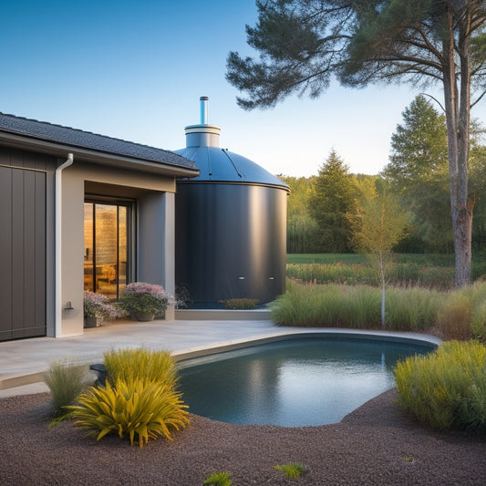 A serene, modern residential backyard with a prominent rainwater harvesting system, featuring a sleek, metallic first flush diverter connected to a downspout and a large, transparent storage tank.