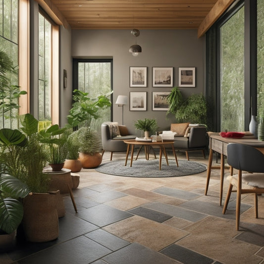 An image depicting a serene, eco-friendly home interior with a floor made of recycled rubber tiles in a natural, earthy tone, surrounded by lush greenery and sustainable decor elements.
