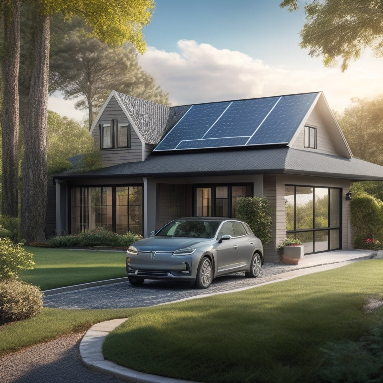 A serene suburban home with a sleek electric vehicle in the driveway, surrounded by lush greenery, with a subtle overlay of a piggy bank and a faint grid of solar panels on the roof.