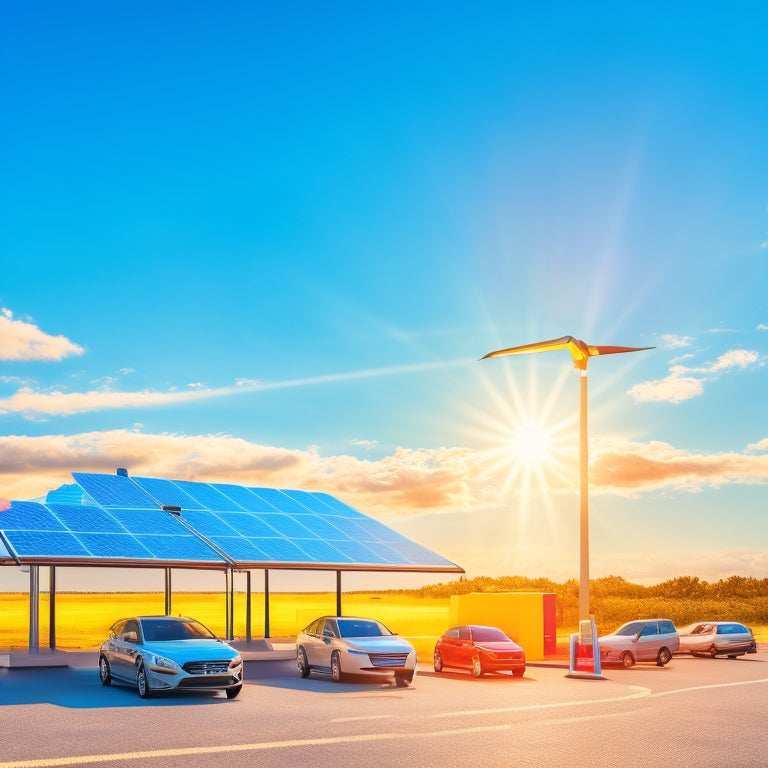 A stylized illustration of a sun shining down on a network of electric vehicle charging stations, with solar panels and EVs of varying colors and models, set against a bright blue sky.