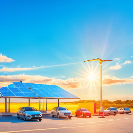A stylized illustration of a sun shining down on a network of electric vehicle charging stations, with solar panels and EVs of varying colors and models, set against a bright blue sky.