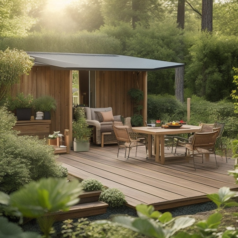 A serene backyard scene featuring a deck made from reclaimed wood, surrounded by lush greenery, with a few solar panels installed on the roof, and a few eco-friendly outdoor furniture pieces.