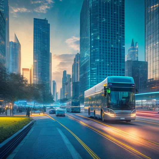 A futuristic cityscape at dusk with sleek, electric commercial vehicles, including trucks, buses, and vans, zooming by, amidst neon-lit skyscrapers and bustling streets, with a green, eco-friendly glow.