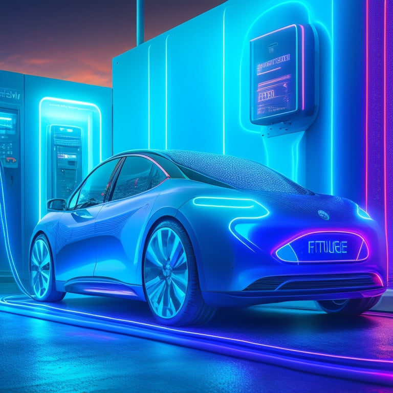 A futuristic, high-contrast illustration depicting an electric vehicle plugged into a sleek, modern charging station with glowing blue circuits and wires, surrounded by abstract, swirling energy patterns.