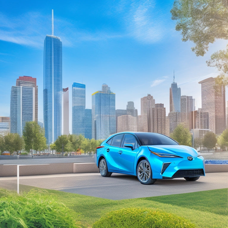 An illustration of a Toyota vehicle plugged into a sleek, modern charging station with a cityscape in the background, featuring a bright blue sky and green trees.