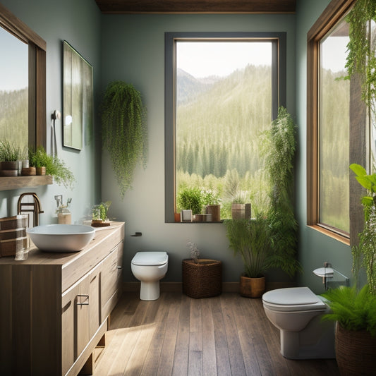 A modern bathroom with a living green wall, a sleek low-flow showerhead, and a composting toilet, surrounded by reclaimed wood accents and large windows letting in natural light.