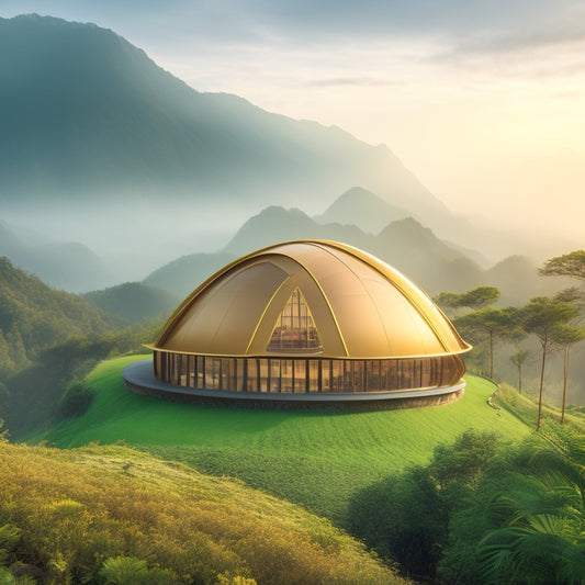 A futuristic, curved bamboo building with a translucent green roof, surrounded by lush foliage, with a subtle mist effect and warm, golden lighting, set against a serene, misty mountain backdrop.