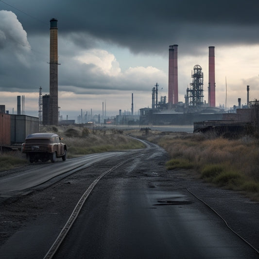 A gloomy, industrial landscape with smokestacks and factories in the background, a cracked and worn-out road in the foreground, and a single, worn-out electric vehicle battery lying broken and rusted.