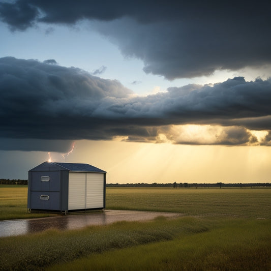 A dramatic, stormy sky with dark grey clouds and a few flashes of lightning, overlooking a solar panel installation covered in a protective shield, with hailstones bouncing off it.