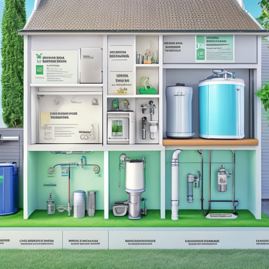 An illustration of a modern home's plumbing system, with a prominent tankless water heater and pipes labeled with green dollar signs, surrounded by subtle government and eco-friendly symbols.