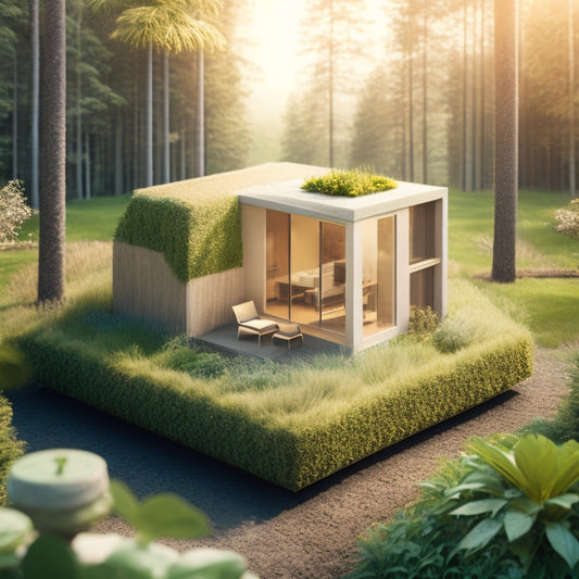 An illustration of a modern, cube-shaped passive house with a subtle earthy tone, surrounded by lush greenery, showcasing underground pipes and a subtle heat haze rising from the ground.