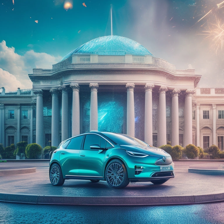 A vibrant, futuristic illustration depicting a sleek electric vehicle parked in front of a government building, surrounded by bursting confetti and shiny coins, with a bright green background and subtle lightning bolts.