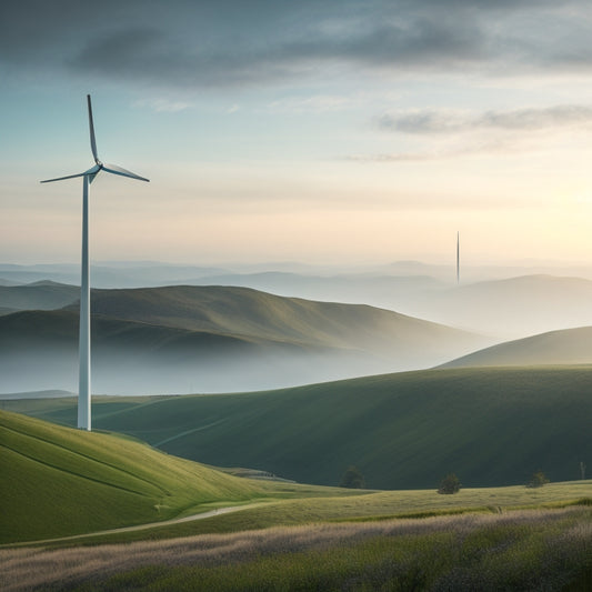A serene landscape with a solitary wind turbine standing tall amidst rolling hills, surrounded by subtle mathematical equations and graphs etched into the misty air.