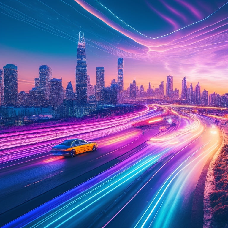 A futuristic cityscape at dusk with sleek electric vehicles zipping past neon-lit skyscrapers, surrounded by swirling data streams and orbiting charging icons, amidst a vibrant aurora-like glow.