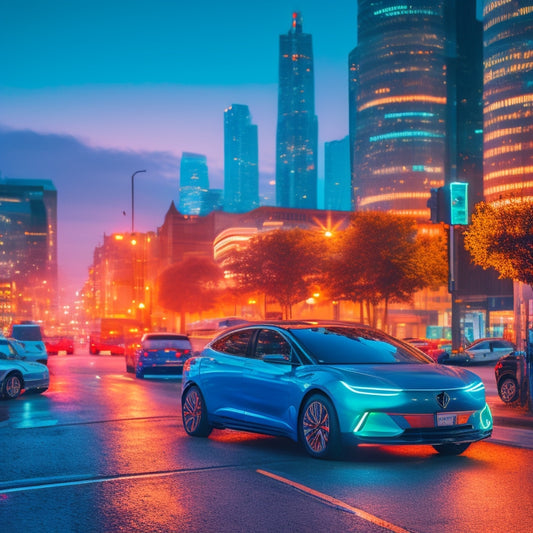A futuristic cityscape at dusk with sleek, modern electric vehicles parked along a bustling street, adorned with glowing charging stations and neon-lit EV charger installation networks branching out like a circuit board.