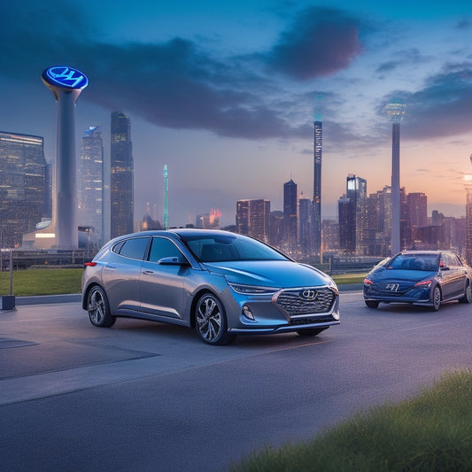 A futuristic cityscape at dusk with a sleek, silver Hyundai electric vehicle parked in front of a gleaming, modern charging station, surrounded by vibrant, swirling electricity bolts.