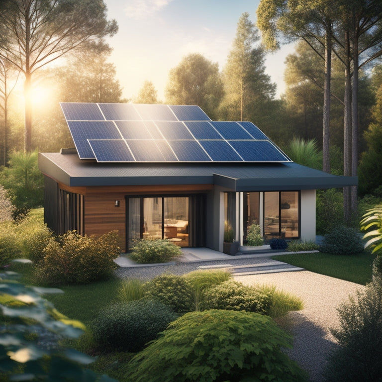 An illustration of a modern, eco-friendly home with solar panels on the roof, surrounded by lush greenery, with a subtle sparkle effect to convey energy efficiency and innovation.