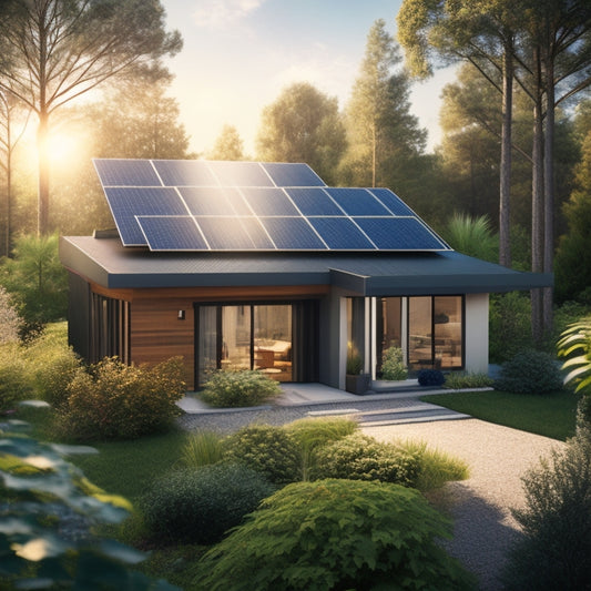 An illustration of a modern, eco-friendly home with solar panels on the roof, surrounded by lush greenery, with a subtle sparkle effect to convey energy efficiency and innovation.