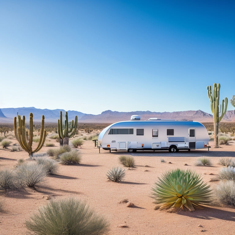 A serene desert landscape with a sleek, silver RV parked in the foreground, its roof adorned with gleaming solar panels, surrounded by sparse cacti and a clear blue sky.