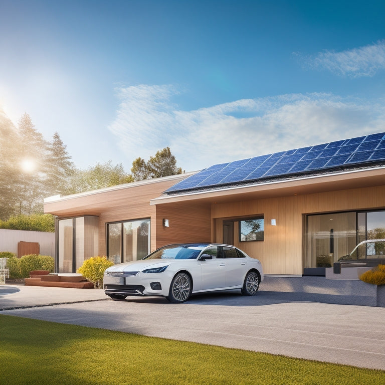 A sunny day with a modern house in the background, solar panels installed on the roof, an electric vehicle parked in the driveway, and a smartphone in the foreground with a shopping cart icon on the screen.