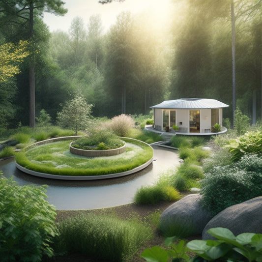 An illustration of a modern, energy-efficient home surrounded by lush greenery, with a visible rainwater harvesting system and greywater reuse infrastructure, showcasing a thriving ecosystem with minimal water waste.