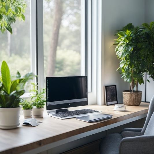 A serene home office with a sleek, minimalist desk, surrounded by lush green plants, featuring an energy-efficient laptop, monitor, and printer, with a subtle eco-friendly certificate in the background.